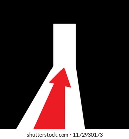 Arrow showing the direction to the open door. Direction to the exit or to the entrance. The way out of the darkness to the light. Vector illustration.