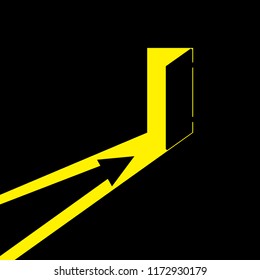 Arrow showing the direction to the open door. Direction to the exit or to the entrance. The way out of the darkness to the light. Vector illustration.