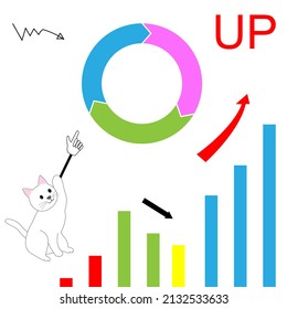 Arrow showing the statistic with progress bars and white cats climbing