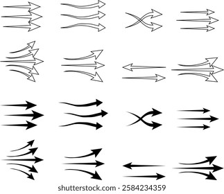 arrow showing wind air flow set isolated on transparent background, air direction signs, cold fresh stream from air conditioner direction. air movement. Wind direction arrows. used for mobile apps.