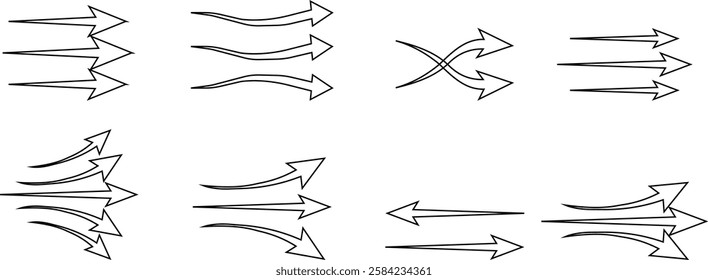 arrow showing wind air flow set isolated on transparent background, air direction signs, cold fresh stream from air conditioner direction. air movement. Wind direction arrows. used for mobile apps.
