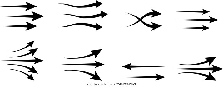 arrow showing wind air flow set isolated on transparent background, air direction signs, cold fresh stream from air conditioner direction. air movement. Wind direction arrows. used for mobile apps.