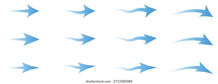 Arrow showing wind air flow set isolated. Vector Set of Blue Air Flow and Wind Direction Arrows. Airflow wave arrows icon set. 