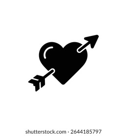 Se muestra una flecha que pasa a través de un corazón negro sobre un fondo blanco, transmitiendo un tema de amor y pasión con esta ilustración de símbolo e icono.