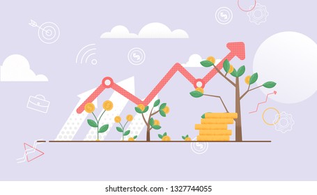 Arrow shows up. Tree Symbol Constant Growth. Cash Investment are Growing. Deposit Bring Interest. Vector Illustration. Financial move Up Profit. Big Profit from Money Invest in Business.