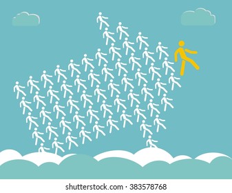 Arrow shows the way - The crowd of workers follows the team leader