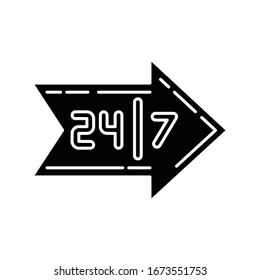 Arrow sign black glyph icon. Around the clock marketing service. Open everyday. Commerce industry. Store direction. Shop location. Silhouette symbol on white space. Vector isolated illustration