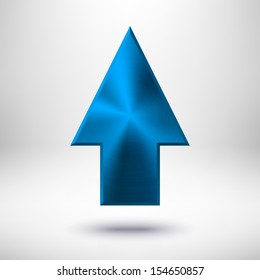 Up arrow sign with blue metal texture (silver, chrome, steel, iron, bronze), realistic shadow and light background for internet sites, web user interfaces (UI) and applications (apps). Vector.