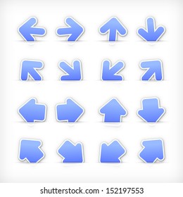 Arrow sign blue stickers on cut paper pocket. Web internet button satined shape with gray drop shadow on white background. Vector illustration web design element save in 10 eps