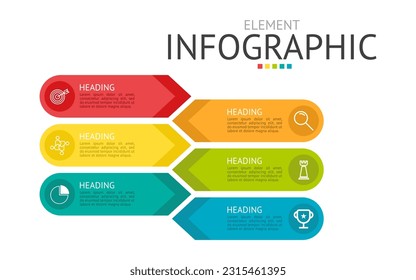 arrow sign brands with icons for infographic. used for process diagram, presentation, working flow, information layout, banner, chart, and graph. business concept with 6 options. data visualization.