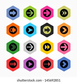 Arrow sign in circle icon set 03. Black on color. Simple rounded hexagon internet button. Minimal contemporary metro style. Solid plain monochrome color flat tile. Web design elements 8 eps