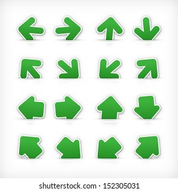 Arrow sign dark green stickers on cut paper pocket. Web internet button satined shape with gray drop shadow on white background. Vector illustration web design element save in 10 eps