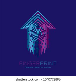 Up arrow sign Fingerprint scan pattern logo dash line, digital upload concept, Editable stroke illustration pink and blue isolated on dark blue background with Fingerprint text and space, vector