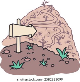 Arrow Sign Guiding the Way to a Dry Hill Cartoon. Perfect for themes of direction, exploration, and challenges. Featuring an arrow sign on rocky soil pointing toward a barren hill