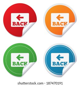 Arrow sign icon. Back button. Navigation symbol. Round stickers. Circle labels with shadows. Curved corner. Vector