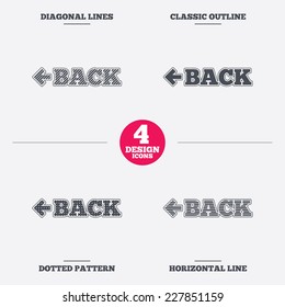 Arrow sign icon. Back button. Navigation symbol. Diagonal and horizontal lines, classic outline, dotted texture. Pattern design icons.  Vector