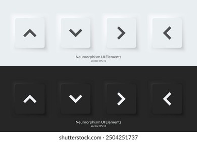 Arrow sign icon. Up down left right sign. A set of square buttons with symbols. 3D icon in trendy neumorphic style for apps and websites. UI UX elements. Vector illustration.