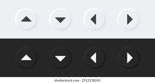 Ícone de sinal de seta. Sinal de direita esquerdo para cima. Um conjunto de botões redondos com símbolos. Ícone 3D no estilo neumorfismo moderno para aplicativos e sites. Elementos UX da interface do usuário. Ilustração vetorial.