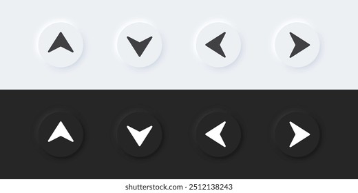 Icono de signo de flecha. Signo arriba abajo a la izquierda y derecha. Un conjunto de Botones redondos con símbolos. Icono 3D en estilo de moda del neumorfismo para los App y los Sitios web. ELEMENTOS de UI UX. Ilustración vectorial.