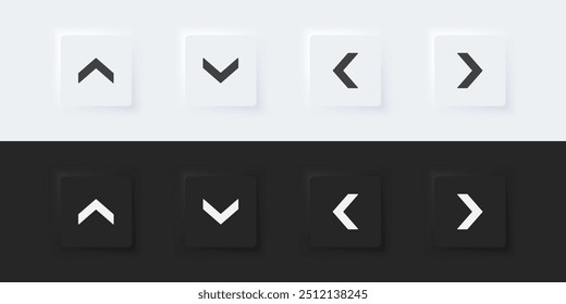 Arrow sign icon. Up down left right sign. A set of square buttons with symbols. 3D icon in trendy neumorphism style for apps and websites. UI UX elements. Vector illustration.