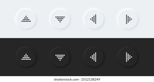 Icono de signo de flecha. Signo arriba abajo a la izquierda y derecha. Un conjunto de Botones redondos con símbolos. Icono 3D en estilo de moda del neumorfismo para los App y los Sitios web. ELEMENTOS de UI UX. Ilustración vectorial.