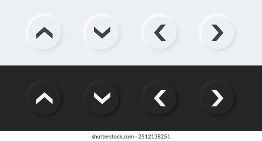 Arrow sign icon. Up down left right sign. A set of round buttons with symbols. 3D icon in trendy neumorphism style for apps and websites. UI UX elements. Vector illustration.