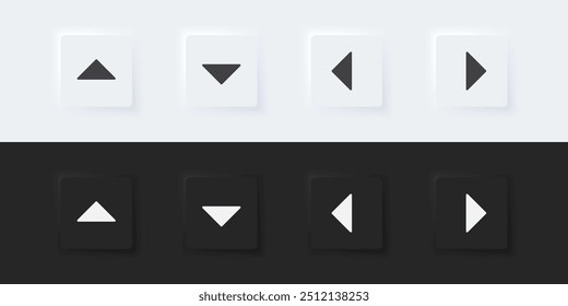 Icono de signo de flecha. Signo arriba abajo a la izquierda y derecha. Un conjunto de Botones cuadrados con símbolos. Icono 3D en estilo de moda del neumorfismo para los App y los Sitios web. ELEMENTOS de UI UX. Ilustración vectorial.