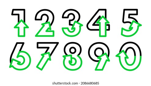 Arrow sign icon inside numbers. arrow-direction sign and numeral one are nested. Creative linear figure set design. All numbers linear icon.