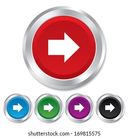 Arrow sign icon. Next button. Navigation symbol. Round metallic buttons. Vector