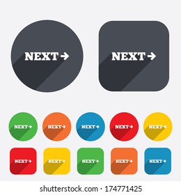 Arrow sign icon. Next button. Navigation symbol. Circles and rounded squares 12 buttons. Vector