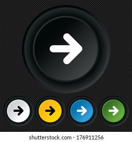 Arrow sign icon. Next button. Navigation symbol. Round colourful buttons on black texture. Vector