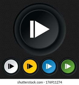 Arrow sign icon. Next button. Navigation symbol. Round colourful buttons on black texture. Vector