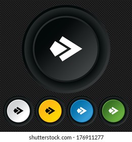 Arrow sign icon. Next button. Navigation symbol. Round colourful buttons on black texture. Vector