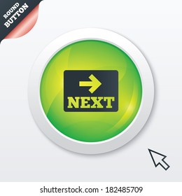 Arrow sign icon. Next button. Navigation symbol. Green shiny button. Modern UI website button with mouse cursor pointer. Vector