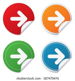 Arrow sign icon. Next button. Navigation symbol. Round stickers. Circle labels with shadows. Curved corner. Vector