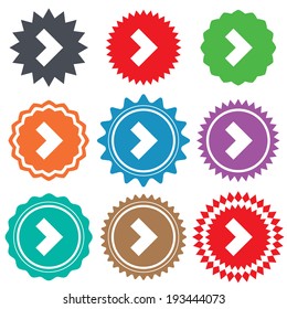 Arrow sign icon. Next button. Navigation symbol. Stars stickers. Certificate emblem labels. Vector
