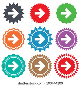 Arrow sign icon. Next button. Navigation symbol. Stars stickers. Certificate emblem labels. Vector