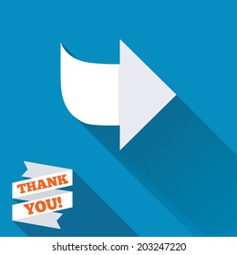 Arrow sign icon. Next button. Navigation symbol. White flat icon with long shadow. Paper ribbon label with Thank you text. Vector