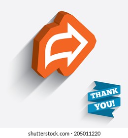 Arrow sign icon. Next button. Navigation symbol. White icon on orange 3D piece of wall. Carved in stone with long flat shadow. Vector