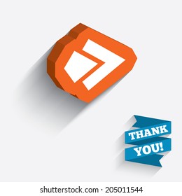 Arrow sign icon. Next button. Navigation symbol. White icon on orange 3D piece of wall. Carved in stone with long flat shadow. Vector