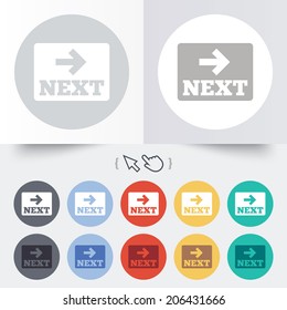 Arrow sign icon. Next button. Navigation symbol. Round 12 circle buttons. Shadow. Hand cursor pointer. Vector