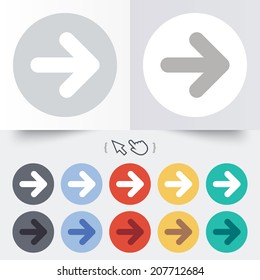 Arrow sign icon. Next button. Navigation symbol. Round 12 circle buttons. Shadow. Hand cursor pointer. Vector
