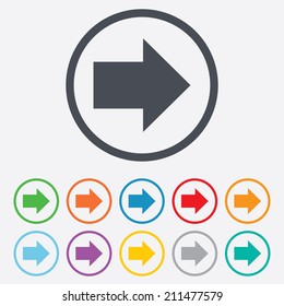 Arrow sign icon. Next button. Navigation symbol. Round circle buttons with frame. Vector