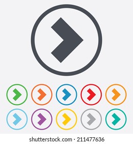 Arrow sign icon. Next button. Navigation symbol. Round circle buttons with frame. Vector