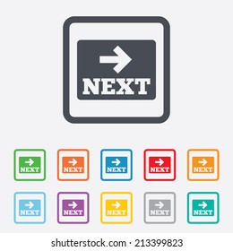 Arrow sign icon. Next button. Navigation symbol. Round squares buttons with frame. Vector