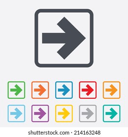 Arrow sign icon. Next button. Navigation symbol. Round squares buttons with frame. Vector
