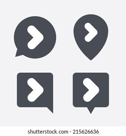 Arrow sign icon. Next button. Navigation symbol. Map pointers information buttons. Speech bubbles with icons. Vector