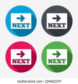 Arrow sign icon. Next button. Navigation symbol. Circle buttons with long shadow. 4 icons set. Vector