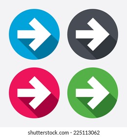 Arrow sign icon. Next button. Navigation symbol. Circle buttons with long shadow. 4 icons set. Vector