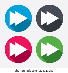Arrow sign icon. Next button. Navigation symbol. Circle buttons with long shadow. 4 icons set. Vector